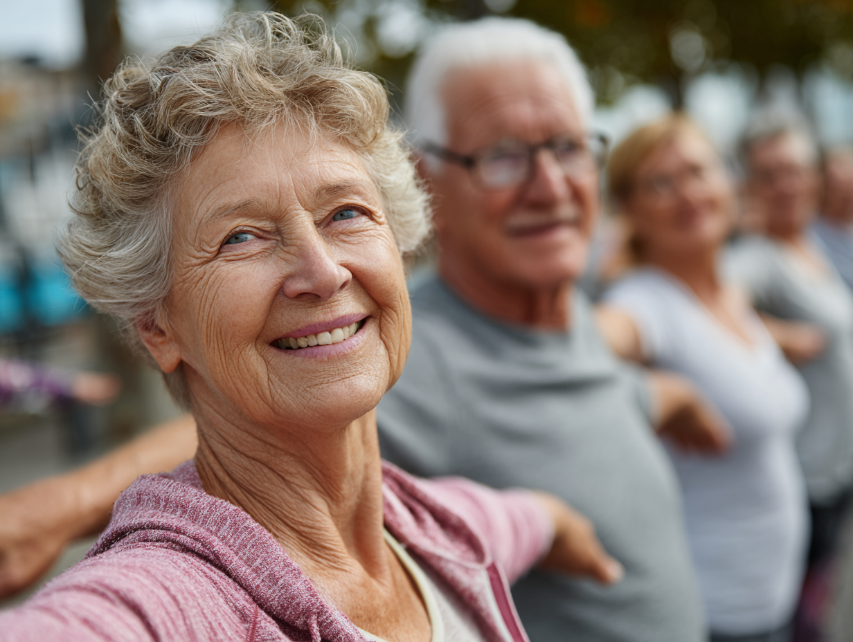 Щаслива група людей зрілого віку займається фітнесом в парку